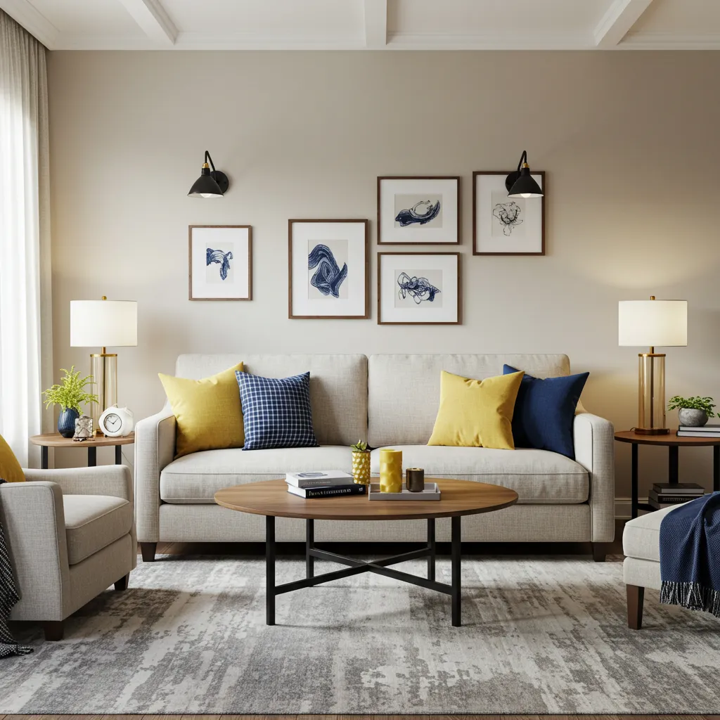 Cozy modern American living room decor layered lighting and sustainable decor