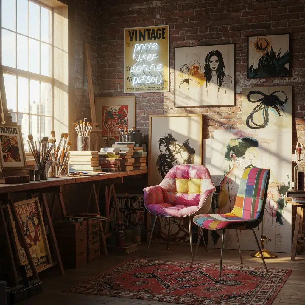 Eclectic studio with artistic accessories and vintage flair decorative accessories