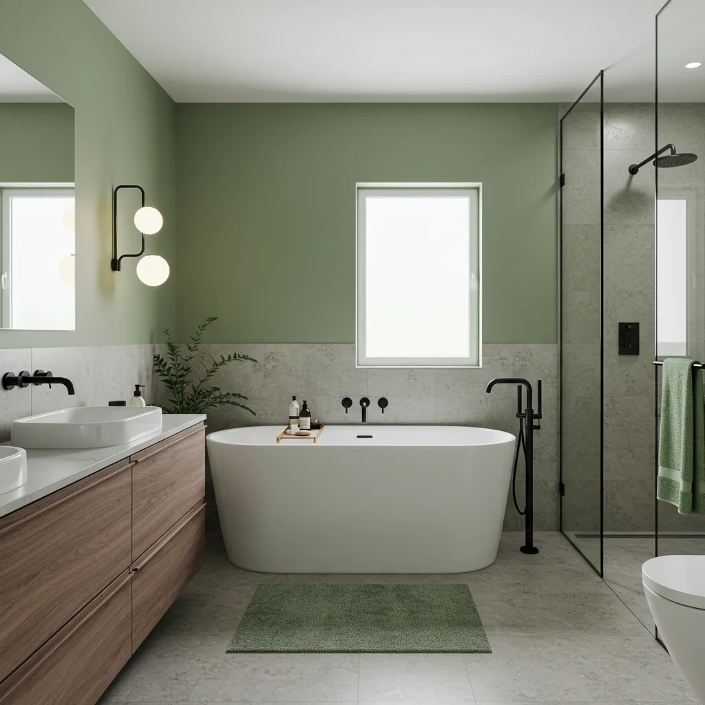 Spa-style modern American bathroom decor with greenery and soft lighting-2