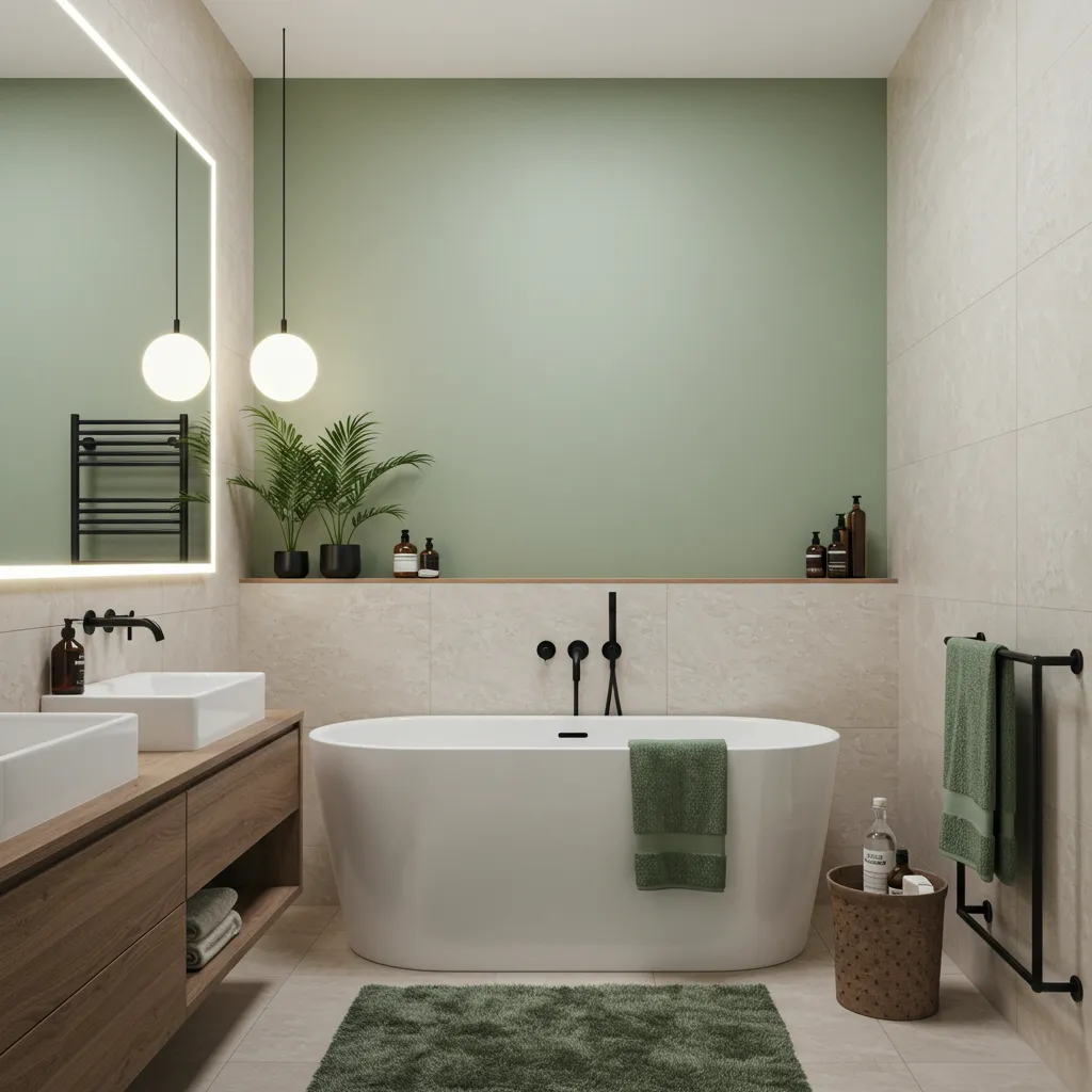 Spa-style modern American bathroom decor with greenery and soft lighting-3