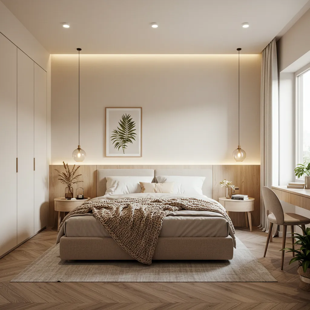 Warm minimalist bedroom decor with wood textures and layered lighting-2
