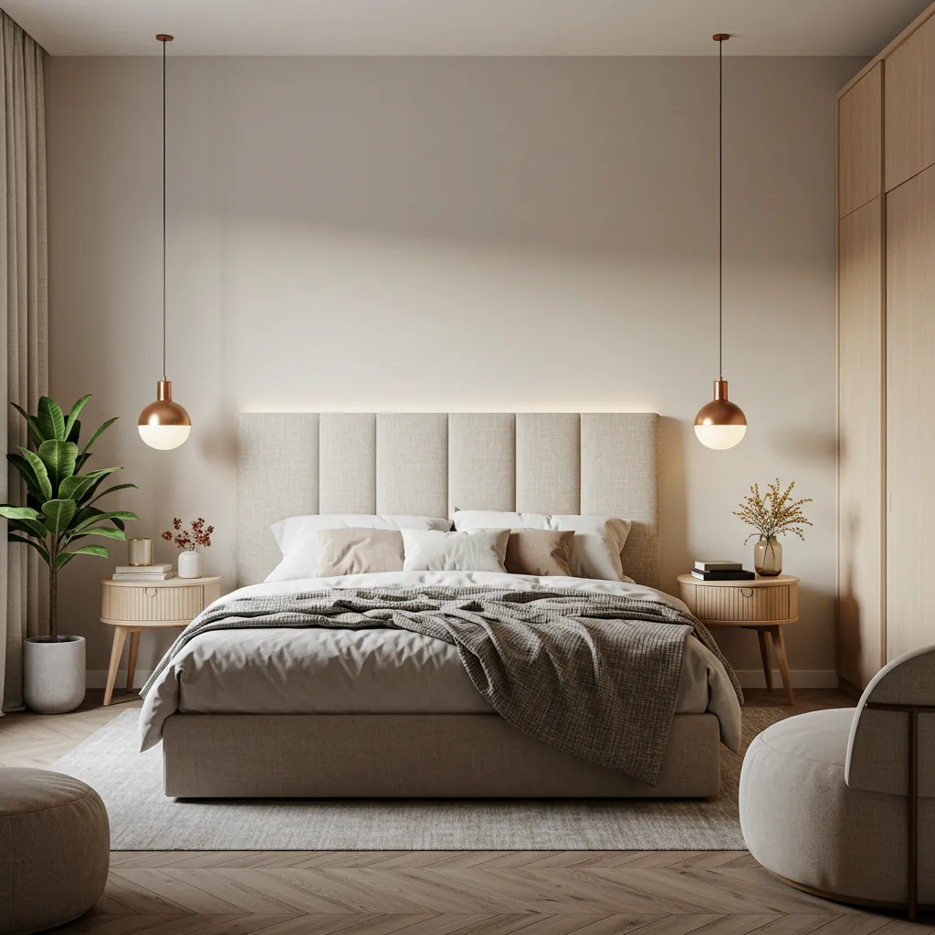 Warm minimalist bedroom decor with wood textures and layered lighting-3