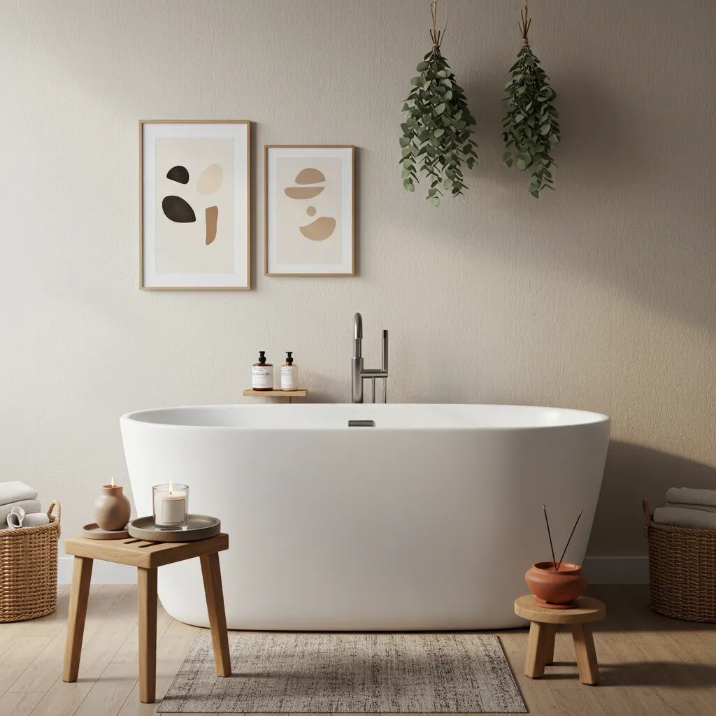Minimalist bathroom with Japandi decorative touches decorative accessories