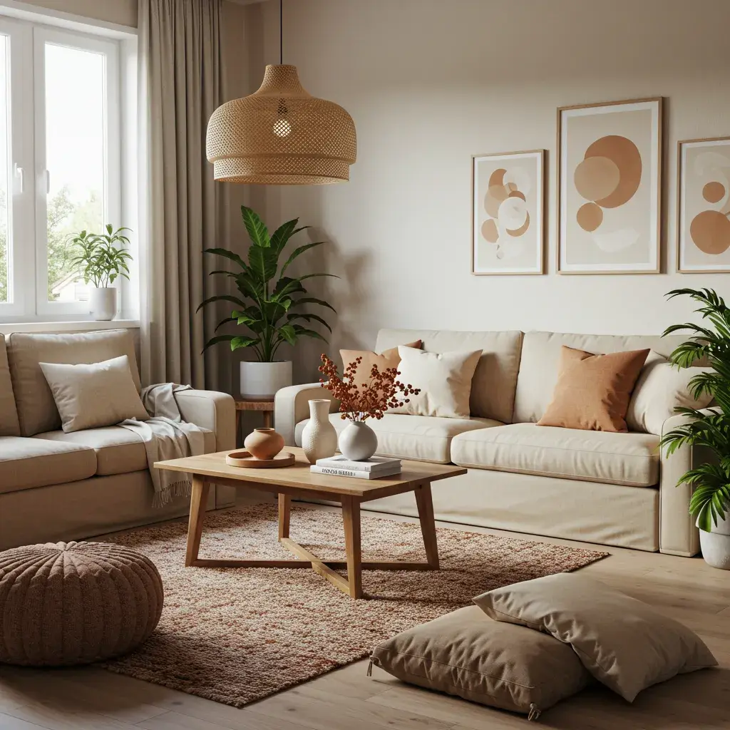 Modern cozy living room with earthy tones and indoor plants-2