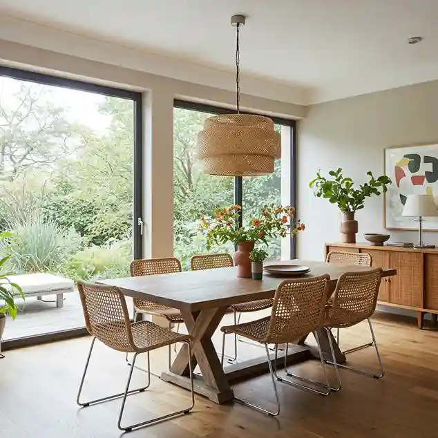Eco-friendly dining room with natural materials and statement lighting -2