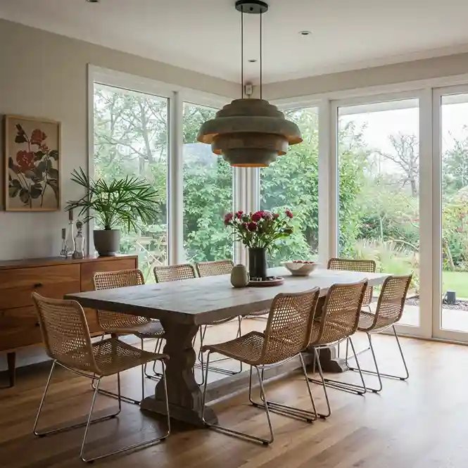 Eco-friendly dining room with natural materials and statement lighting-3