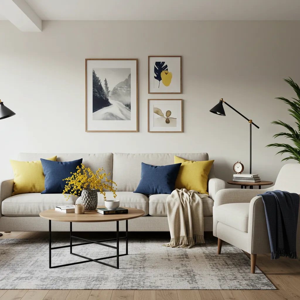 Cozy modern American living room decor with layered lighting and sustainable decor