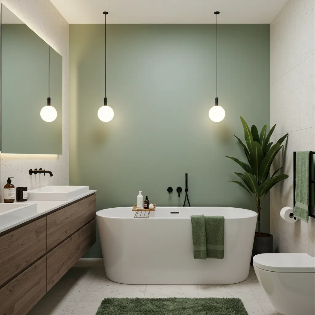 Spa-style modern American bathroom decor with greenery and soft lighting