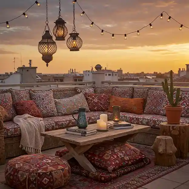 Boho rooftop with decorative cushions, lanterns, and rugs decorative accessories