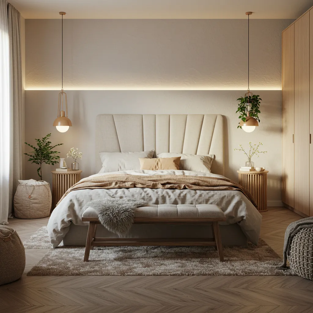 Warm minimalist bedroom decor with wood textures and layered lighting