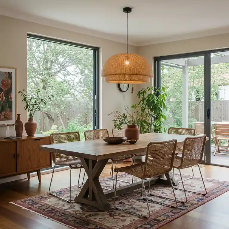 Eco-friendly dining room with natural materials and statement lighting